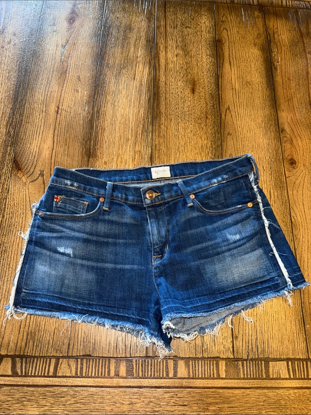 Hudson Jeans Amber Raw Edge Distressed Dark Blue Denim Cutoff Shorts